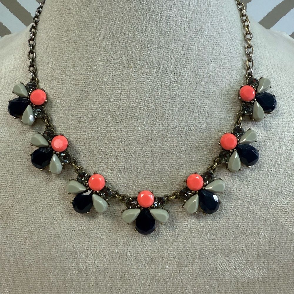 J Crew Gray Black & Coral Beaded Necklace